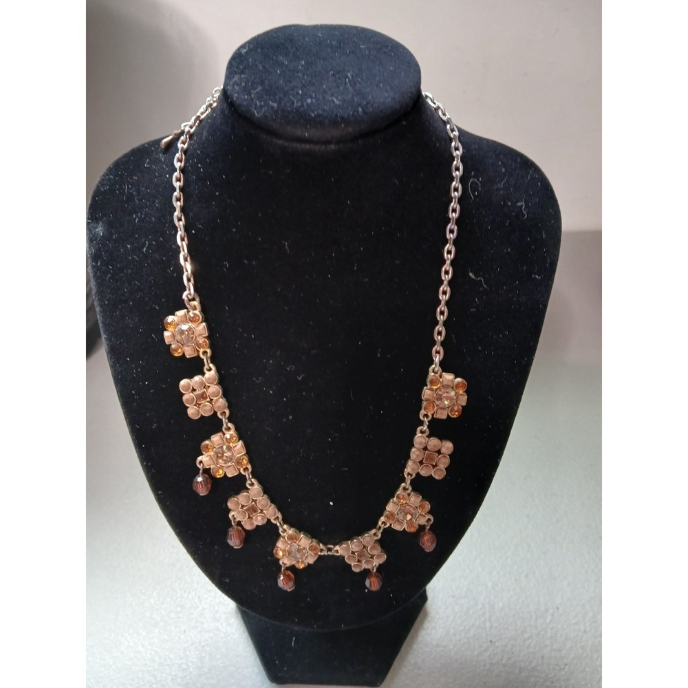 VTG Orange Amber Brown Rhinestone Necklace Dangling Crystal Drop Statement